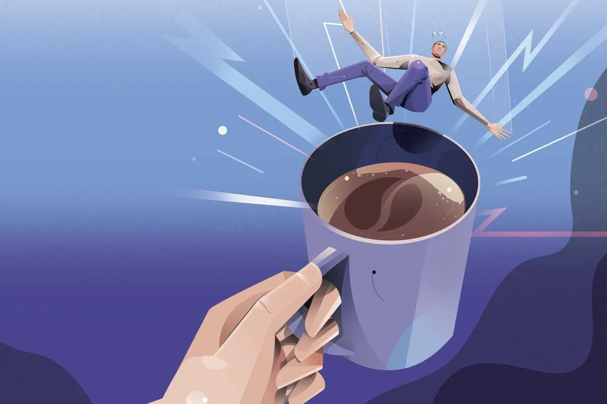 caffiene Man falling into large coffee mug