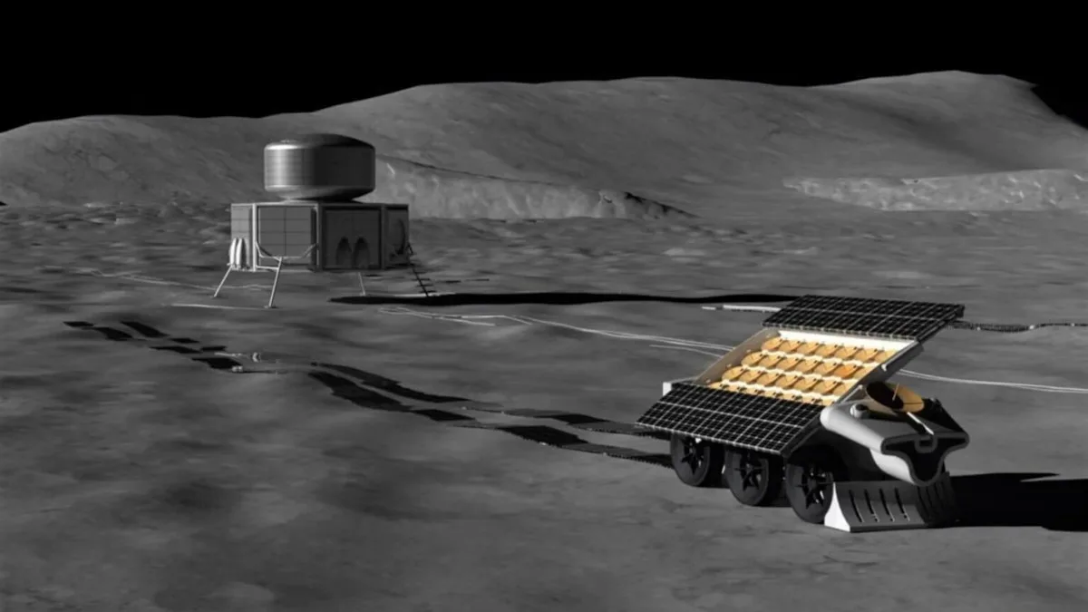Conceptual image of NASA's FarView project: A rover and lunar antenna on the Moon