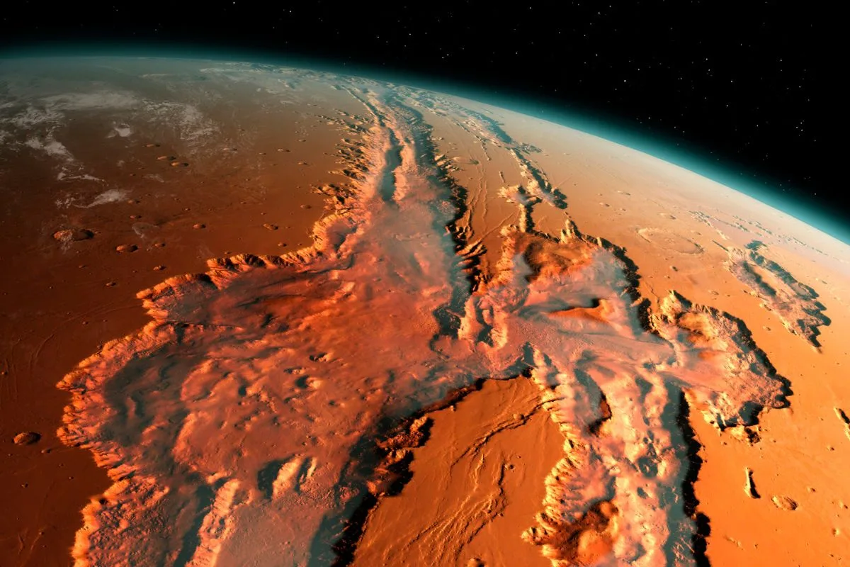 An illustration of an oblique view of the giant Valles Marineris canyon system on Mars.