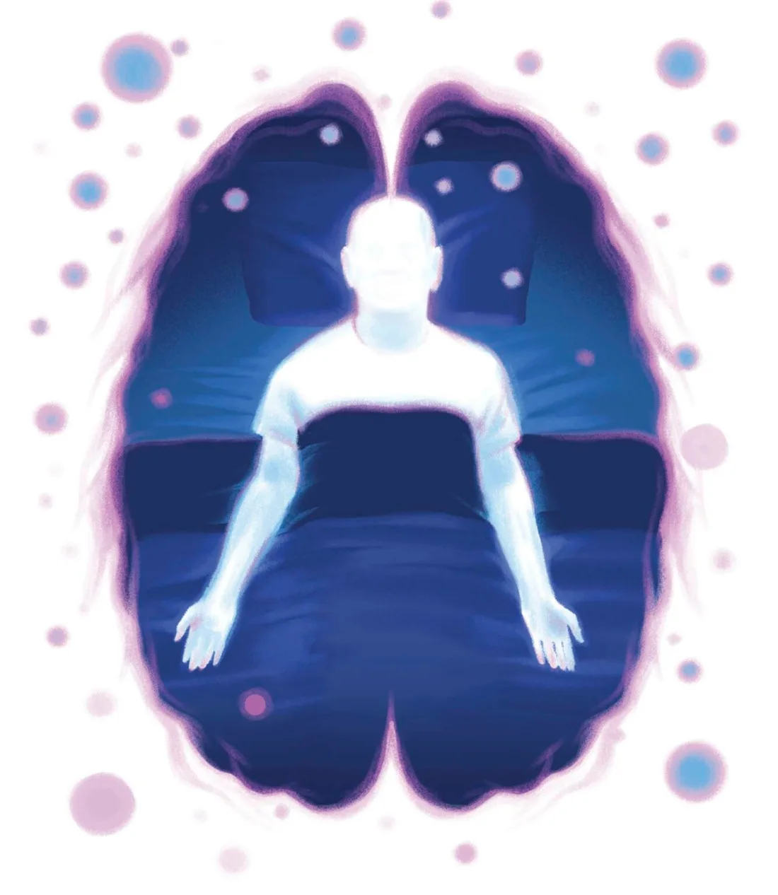 Illustration of a bright white body laying in a bed, palms facing towards us, inside the top-down silhouette of a brain