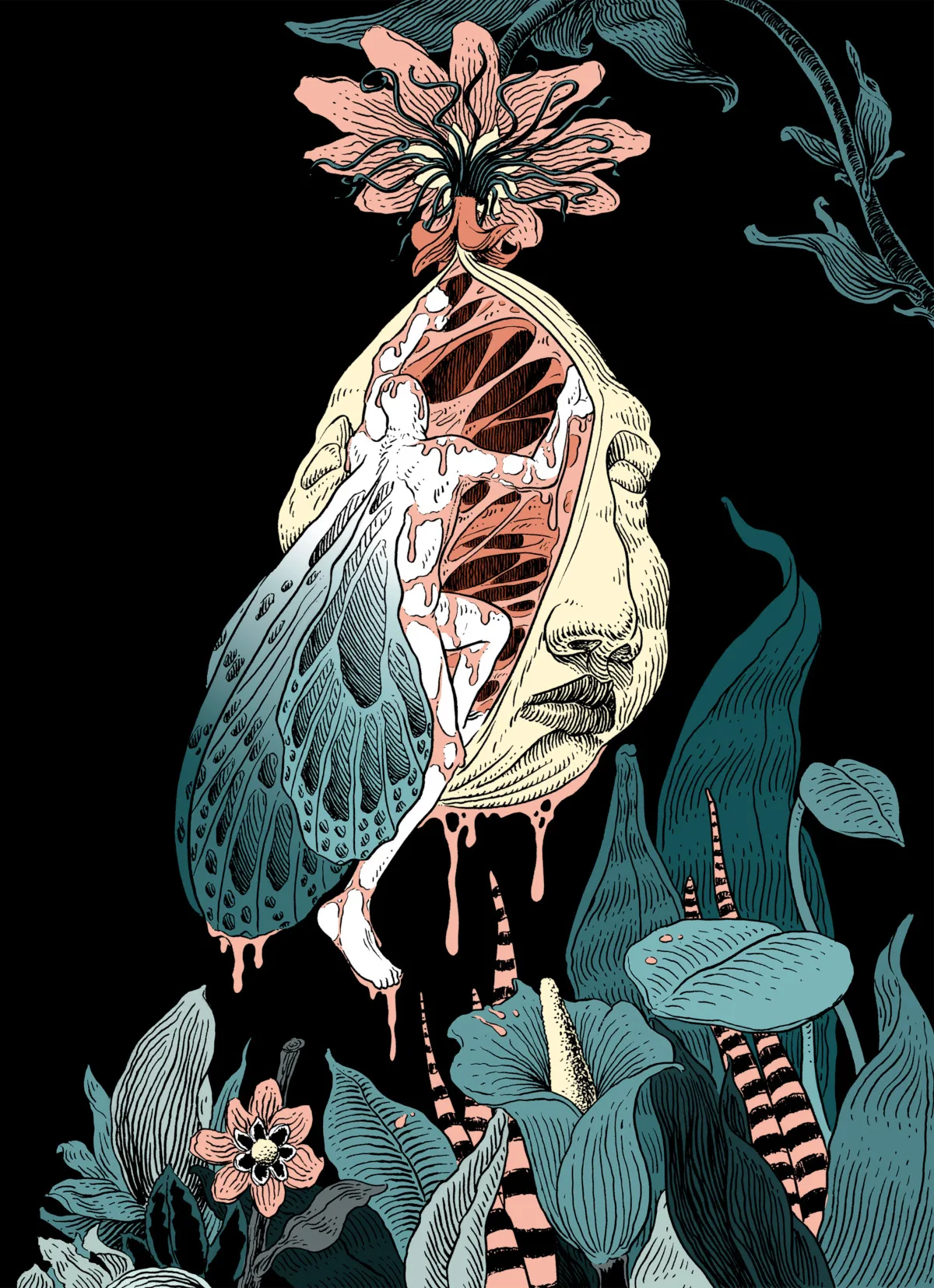 Illustration of a person with wings exiting a cocoon in the shape of a human face.