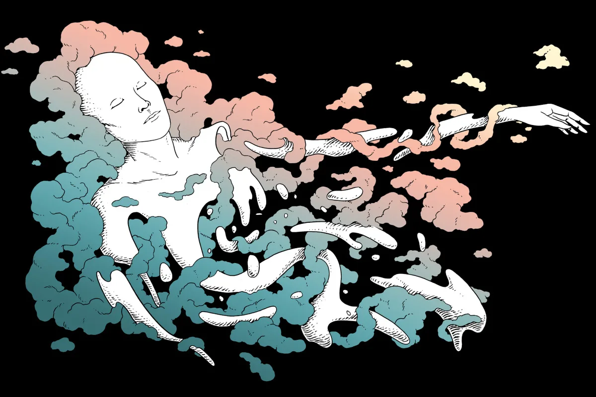 Illustration of a person's body breaking apart/fading away in the clouds.