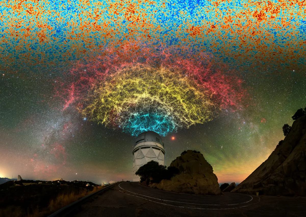 A telescope observatory, with a network of bright dots above it, representing the galaxy map