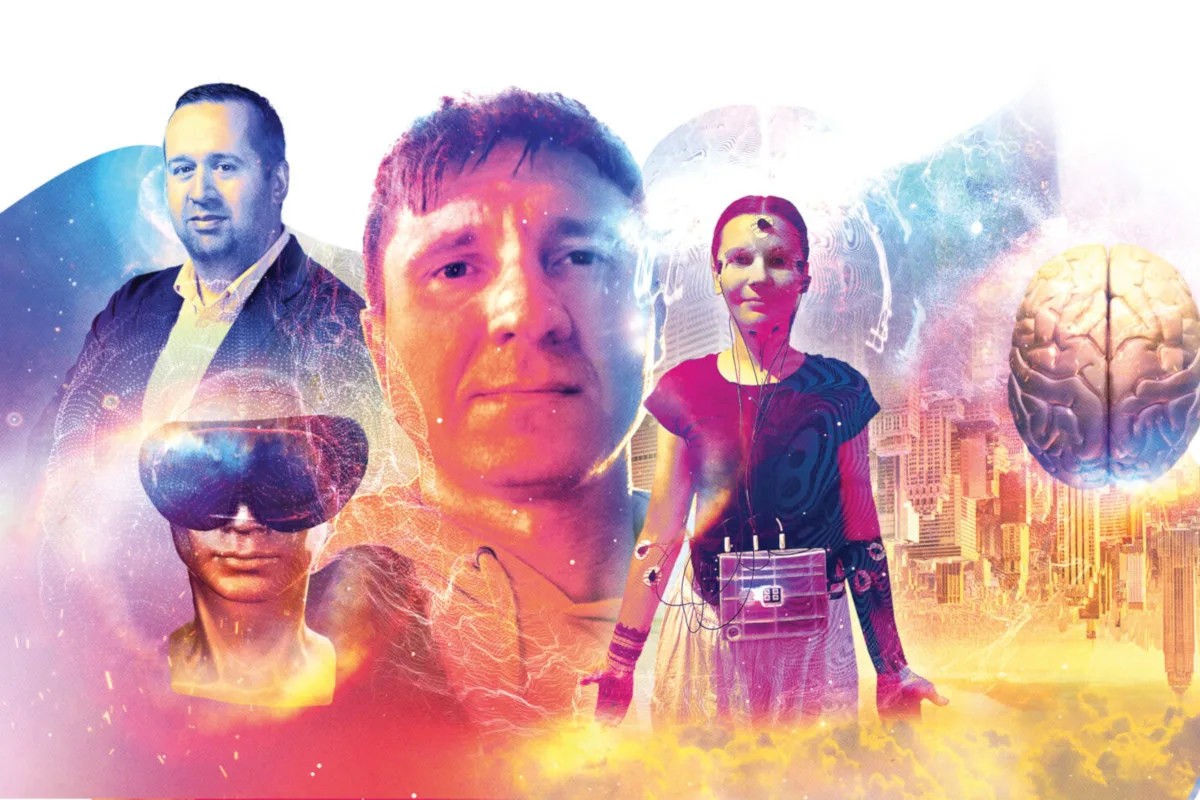 Illustration of three people - one is hooked up to a machine on their waist with patches on vital parts of their body. Abstract image