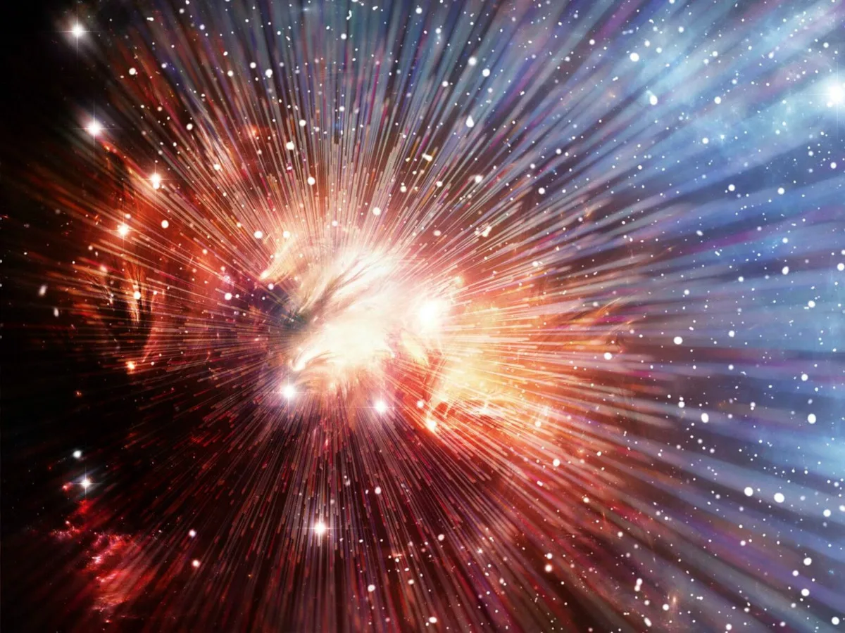 Illustration of the Big Bang, rays of light bursting from the centre of the image