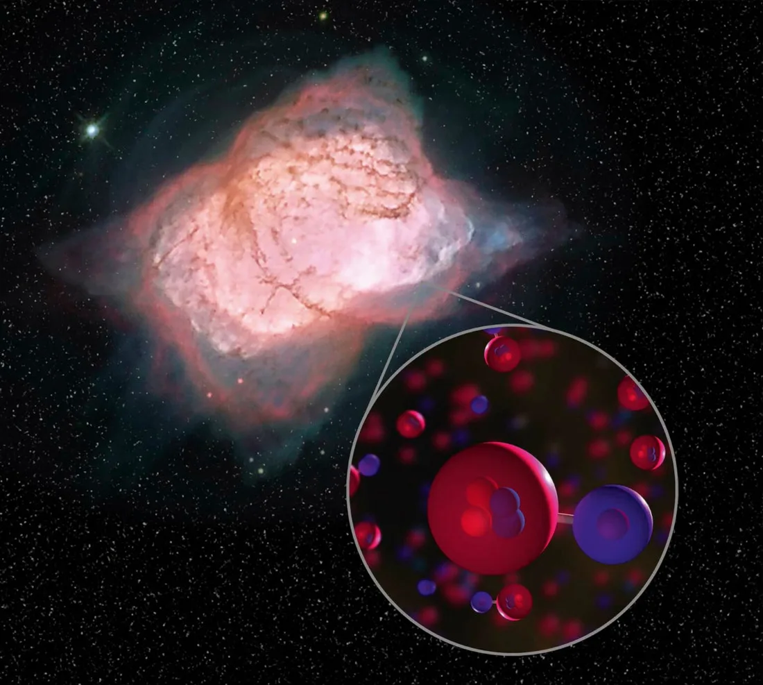 A diagram of a helium hydride molecule, the first type of molecule to form in the early Universe